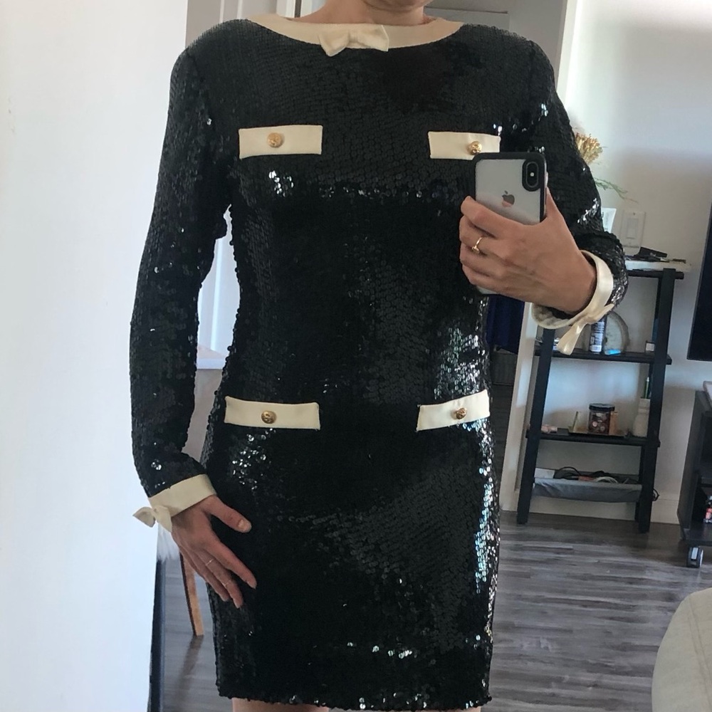 Vintage Black Sequined Cocktail Dress 80’s Long Sleeve Jeanette for St. Martin S - Picture 2 of 9